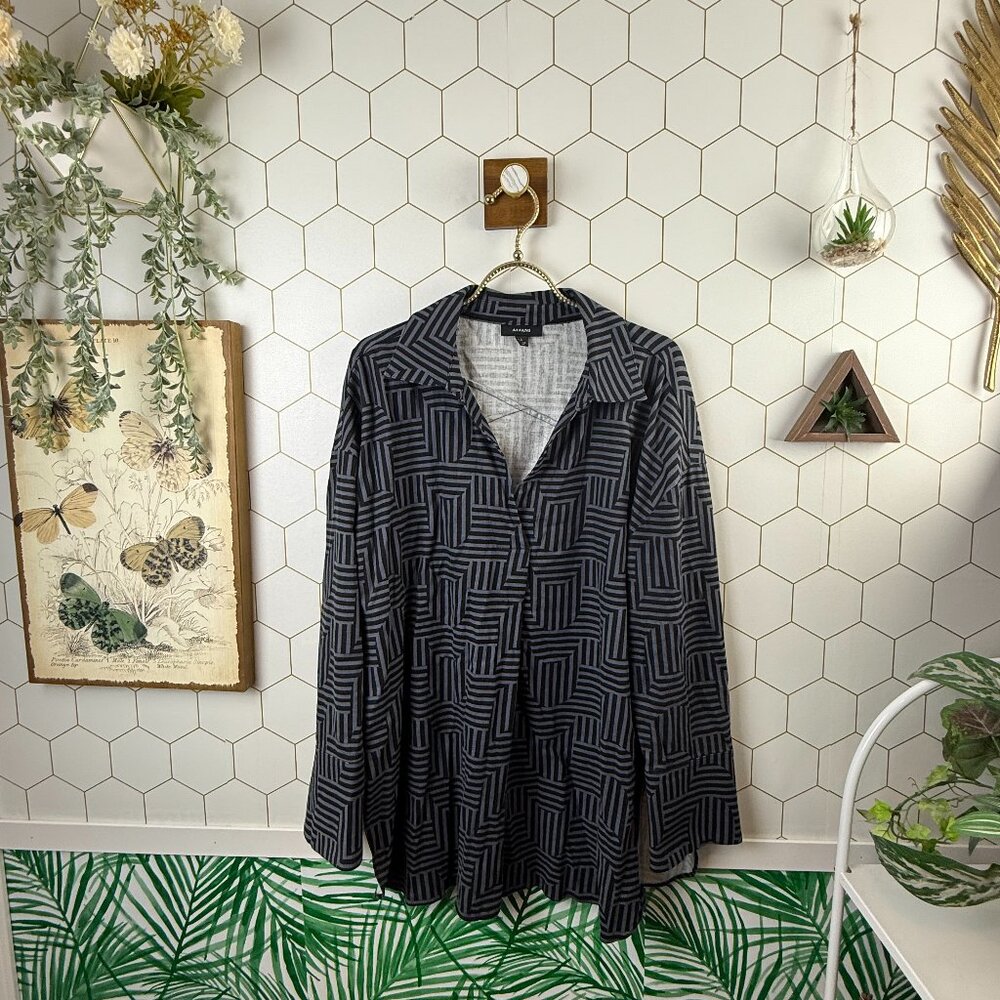 Alfani Gray Geometric Print Split Neck Long Sleeve Tunic Top - Size - Large